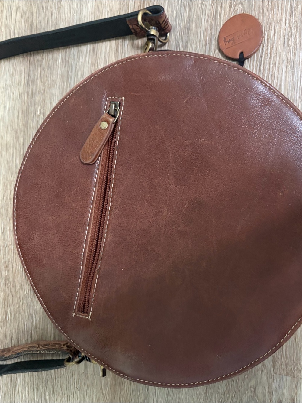 Myra Bag Round Tooled Leather Crossbody in Brown and White - Picture 2 of 6